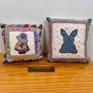 Vintage 2 Handmade Patchwork Quilted Doll Pillows Prairie Girl Bunny Rabbit